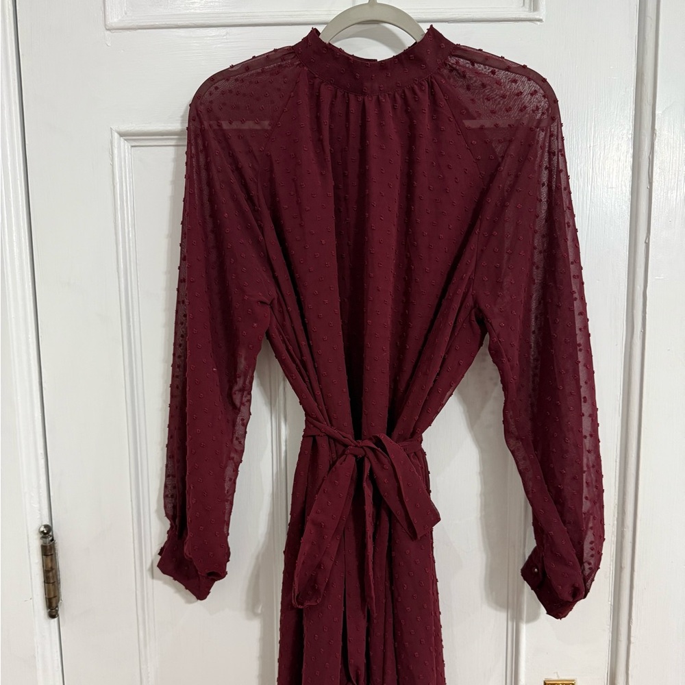 Burgundy Sheer Long Sleeve Dress